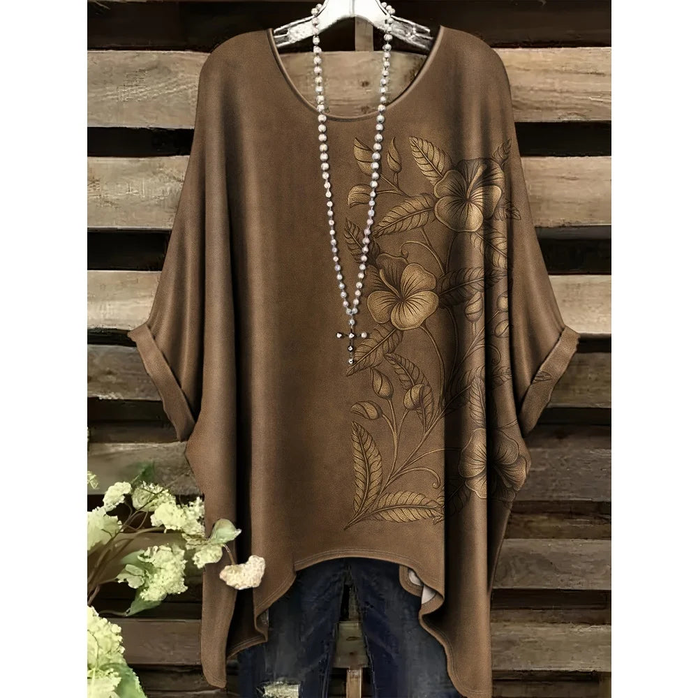 Women's Bohemian Flower Print T-Shirts Black Colorful Retro Full Body Graphic Y2k T-Shirts Summer Asymmetric Hemp&o- Neck Tops