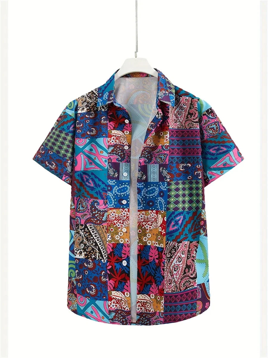 New Summer Men's Shirt with Blue and White Porcelain Floral Print, Short-Sleeve Shirt, Casual Loose-Fitting Lapel Hawaiian Shirt