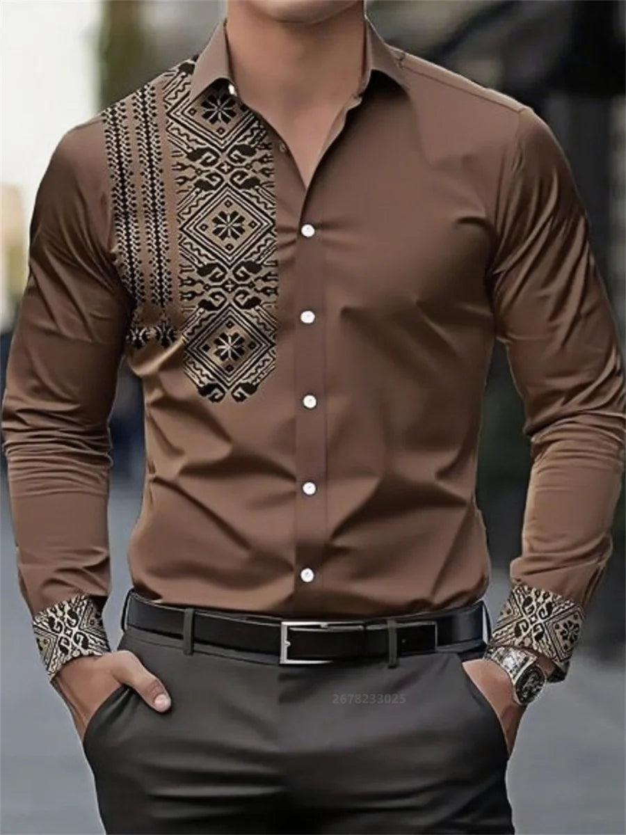 Men's shirt 3D printing retro ethnic style long-sleeved casual shirt high quality fashion lapel versatile top xs-6XL size