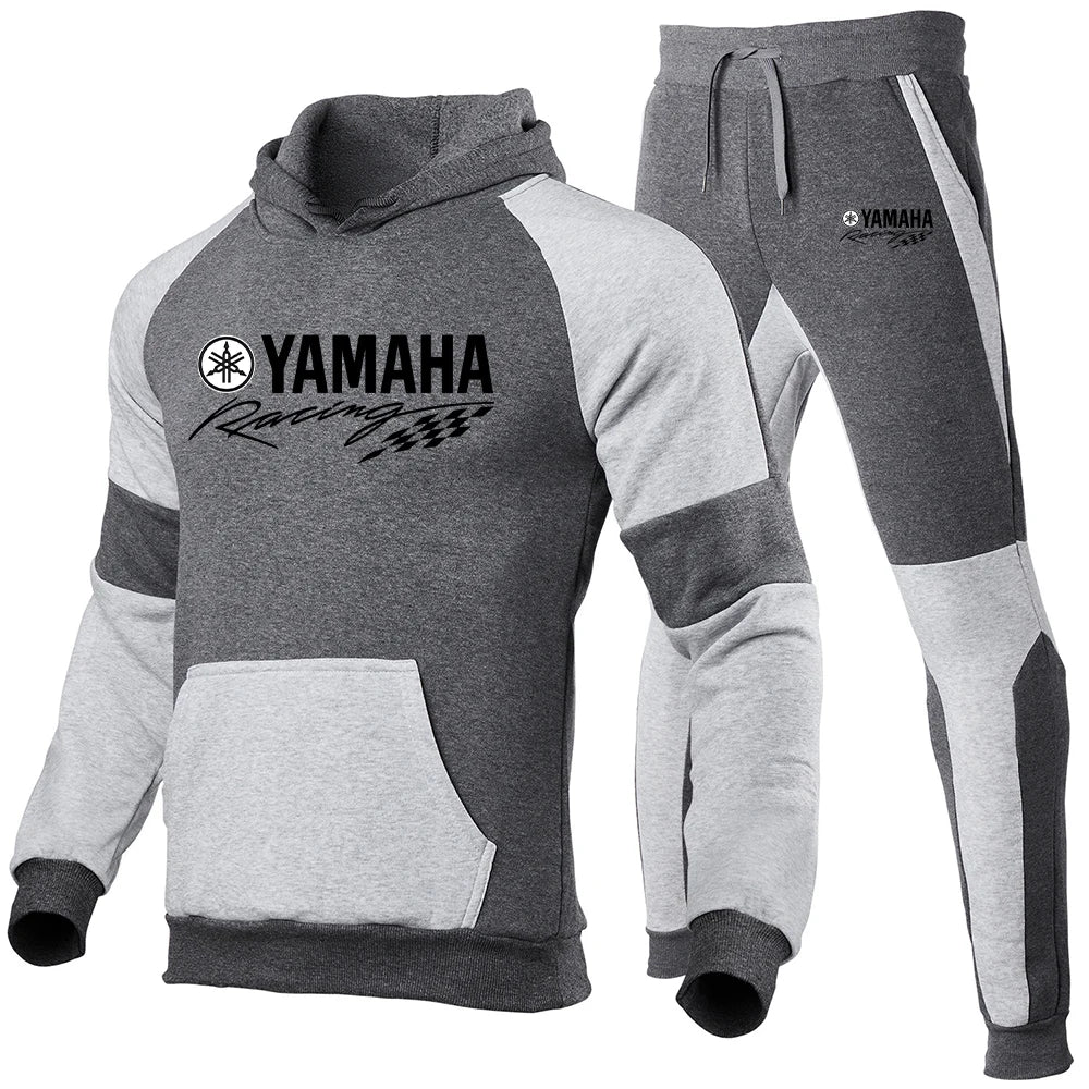 2025 New Yamaha Men's High Quality Splicing Hoodie Sportswear Cotton Top and Pants Sports Running Two Piece Set