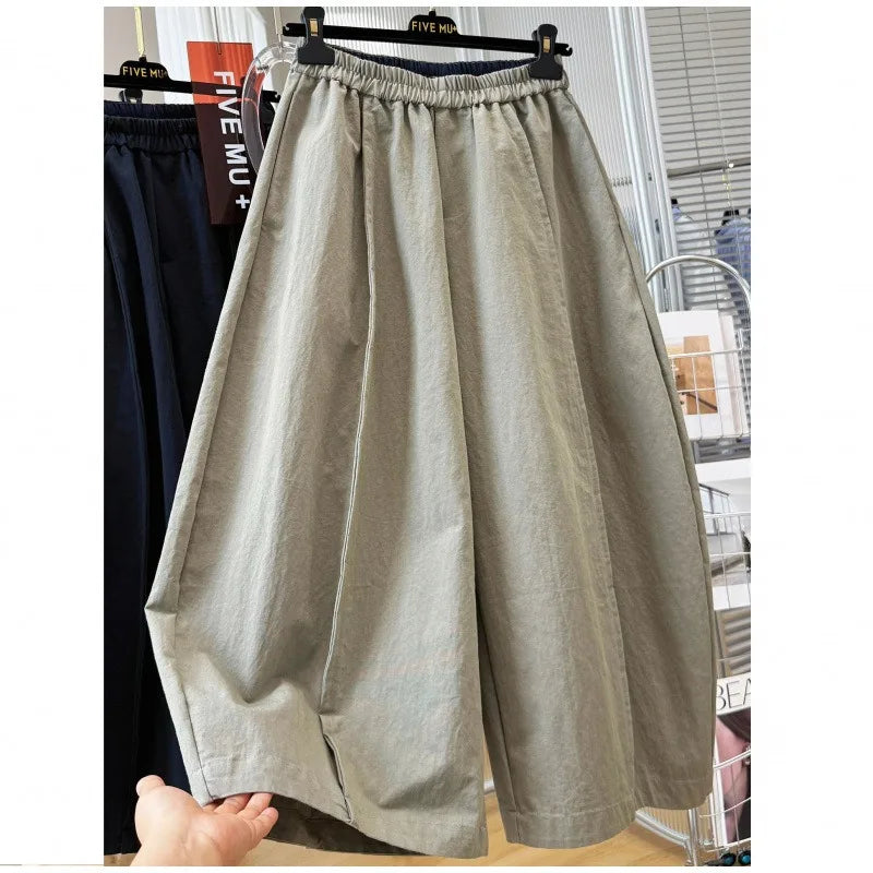 Women Elastic Waist Loose Wide Leg Cropped Casual Pants Lightweight Baggy Culottes