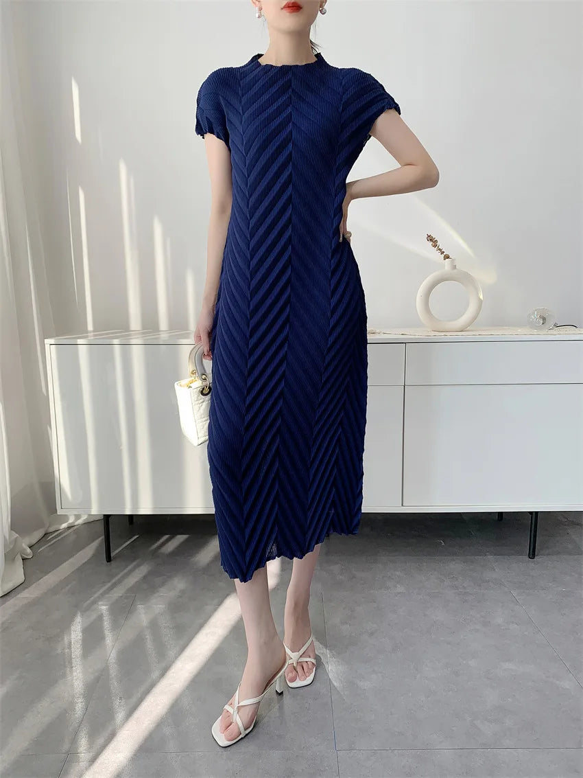 Miyake Handmade Pleated Dress Women's 2026 Spring New Solid Color Half-high Collar Sleeves Pullover Elegant Pleated Skirt