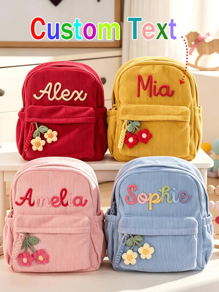 Personalized Small High-Quality Corduroy Backpack – Customizable School Bag with Name Print; Cute and Practical