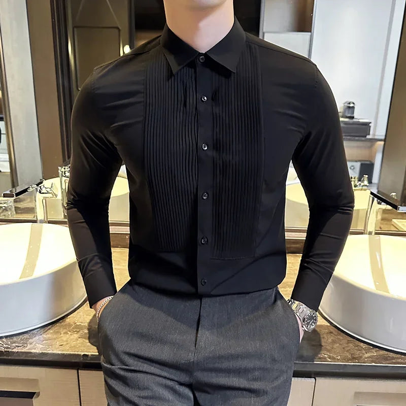 Groom Wedding Party Dress Shirt Men's Fashion Pleated Design Slim Fit Shirt Men Formal Long Sleeved Social Business Tailcoat