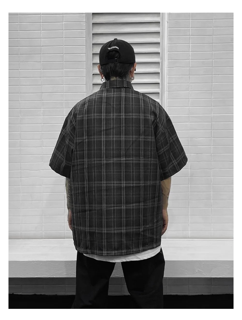 Chicano Safari Short Sleeve Shirt Mens Summer Streetwear Casual Loose Letter Embroidery Lapel Plaid Shirt Man
