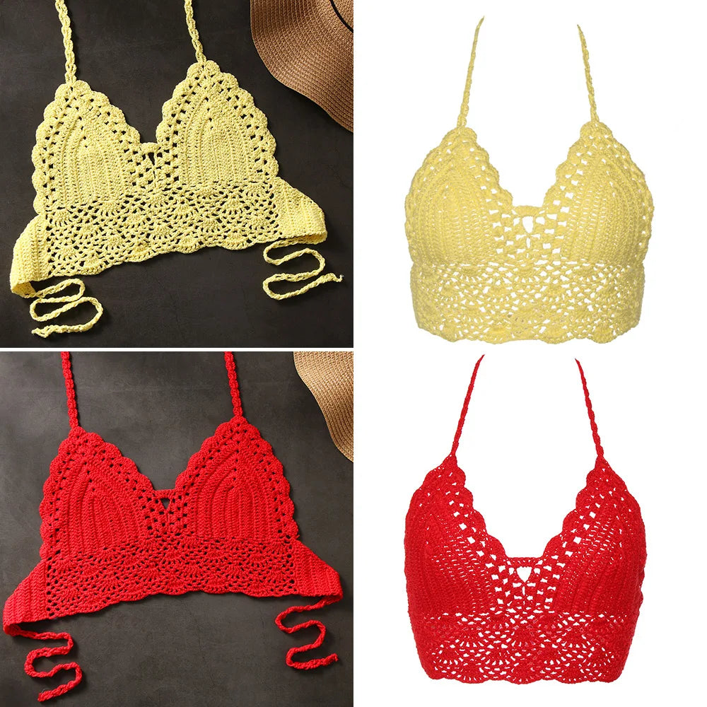 Women Summer Sexy Bikini Crochet Crop Top Boho Beach Camisoles Knit Bralette Bra Halter Neck Vest Holiday Beachwear