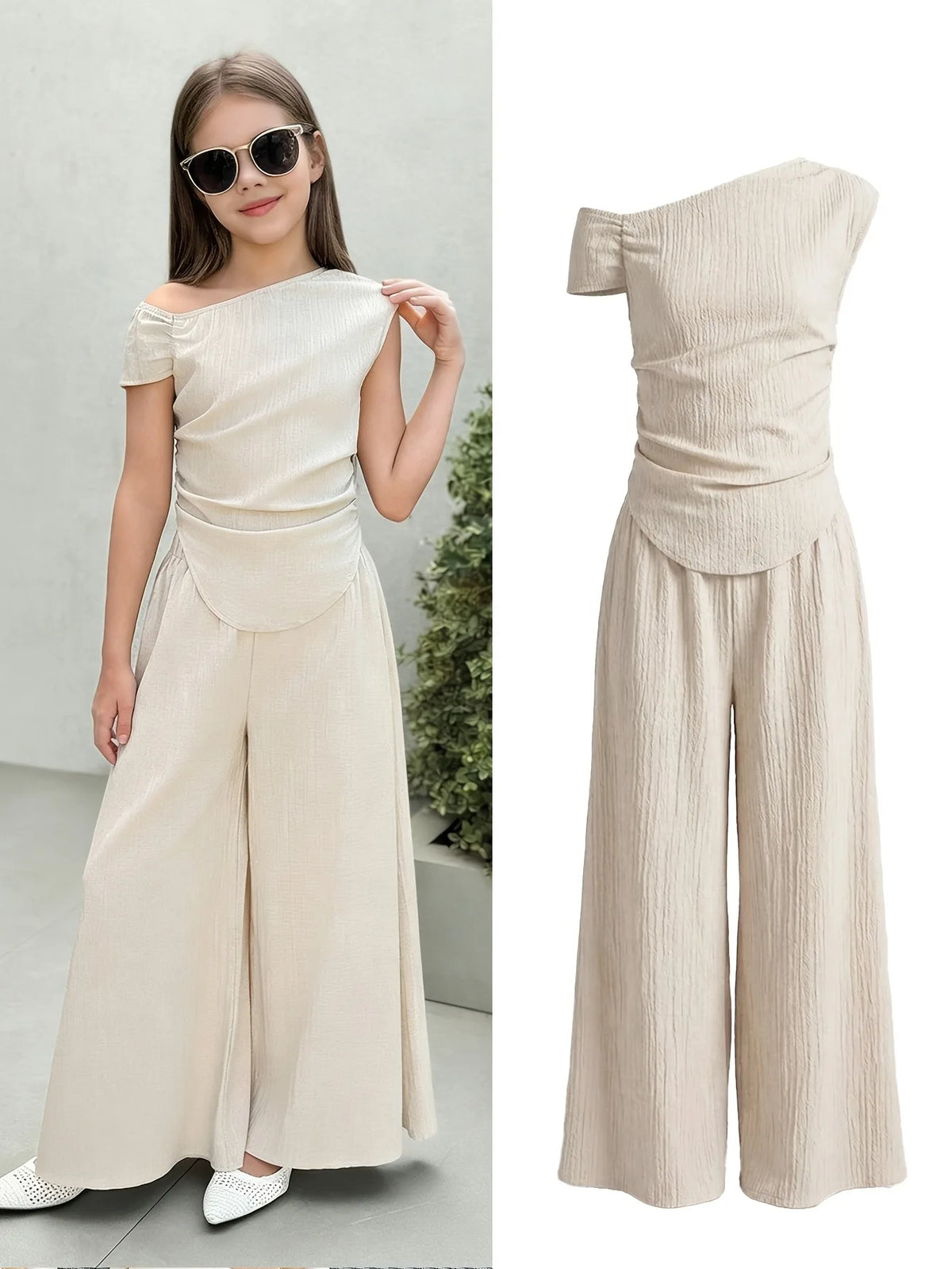 Kids Girls 2-Piece Summer Outfit Set, Beige Textured Fabric Asymmetric Off Shoulder Ruched Crop Top & Elastic High Waist Wide Le