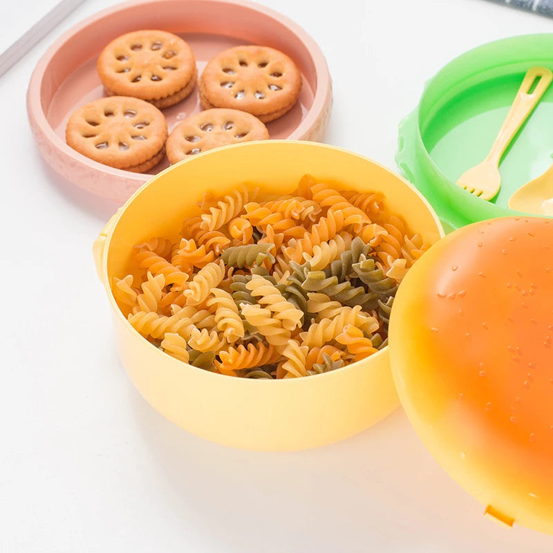 Hamburger Lunch Box Double Tier Cute Burger Bento Lunchbox Microwave Food Container Fork Tableware Set Owl Compartment