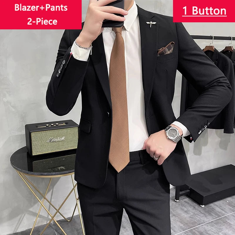 Blazer Vest Pants Men's Navy Blue Suit Set Slim Fit Blazer Vest Pants Formal Outfit for Business Wedding Office Groom Party