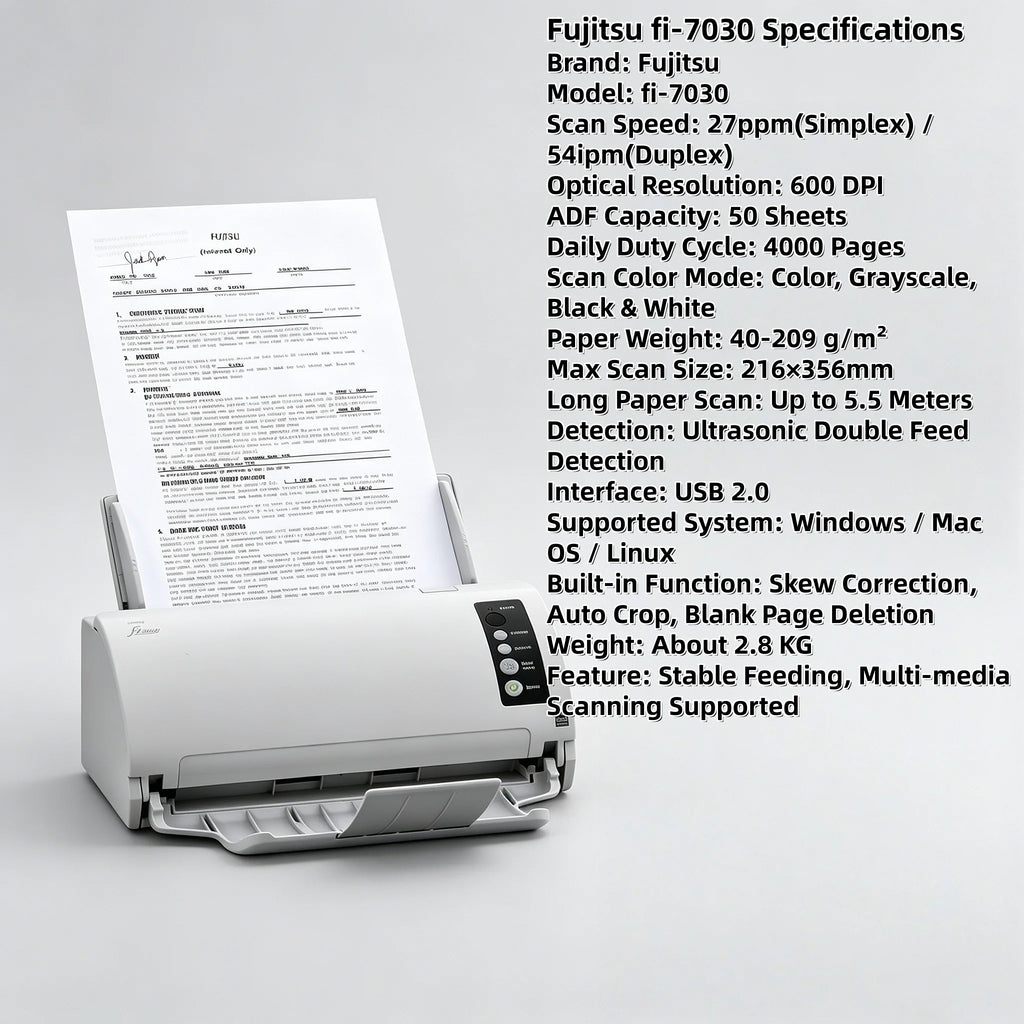 Fujitsu FI7030 Value-Priced Office Color Duplex Document Scanner with Auto Document Feeder (ADF) 600dpi USB Document Scanner