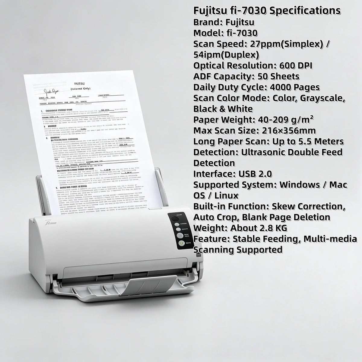 Fujitsu FI7030 Value-Priced Office Color Duplex Document Scanner with Auto Document Feeder (ADF) 600dpi USB Document Scanner