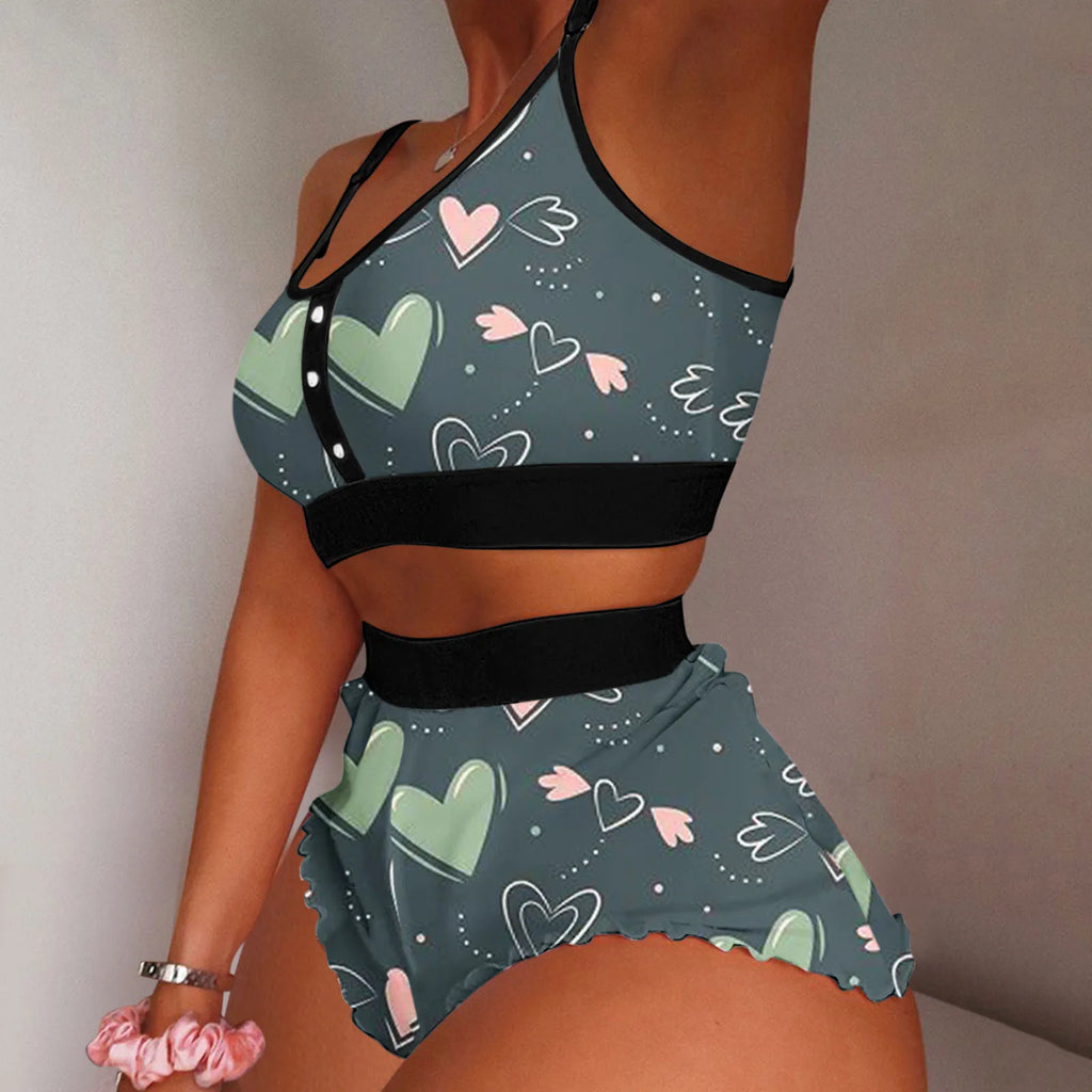 Women Sexy Printing Pajamas Sleeveless Shorts Lingerie Sleepwear Set Women Swimsuits