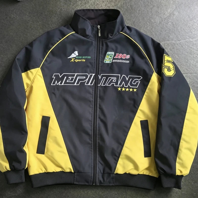 Men's Retro Racing Jacket Stand Collar Zip-Up Streetwear Oversized Colorblock Print Biker Coat Spring Autumn Fashion