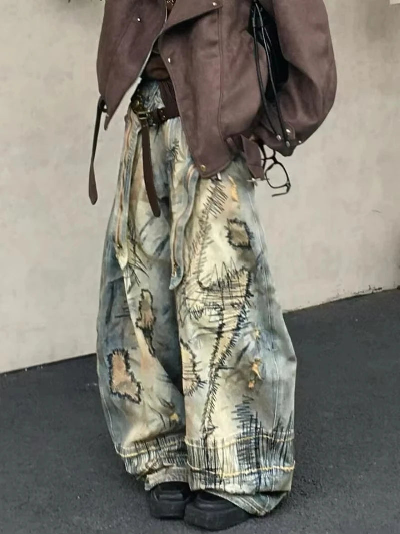 American Street Destruction Style Embroidered Denim Pants Oversized Retro Wash Personality Fashion Loose Casual Wide Leg Jeans