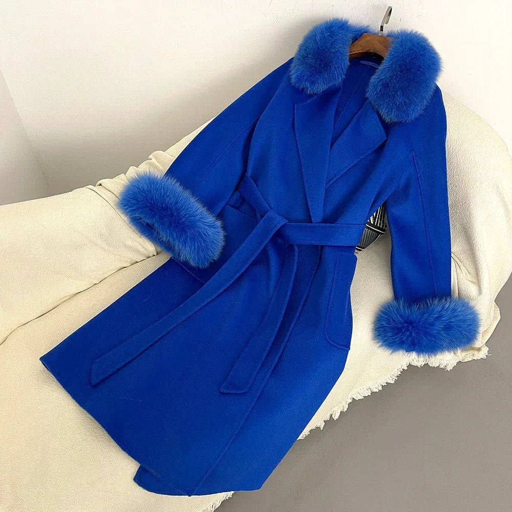 Fox Fur Coat for Women Wool Woolen Natural Real Fox Fur Collar Winter Jacket Ladies Belt Warm Outerwear Streetwear 2024