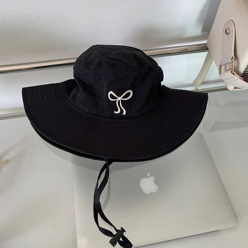 Korean Pink Bow Quick Dry Fisherman Hat Windproof Rope Women Outdoor Camping Mountaineering Hats Girl Summer Sunscreen Bowl Cap