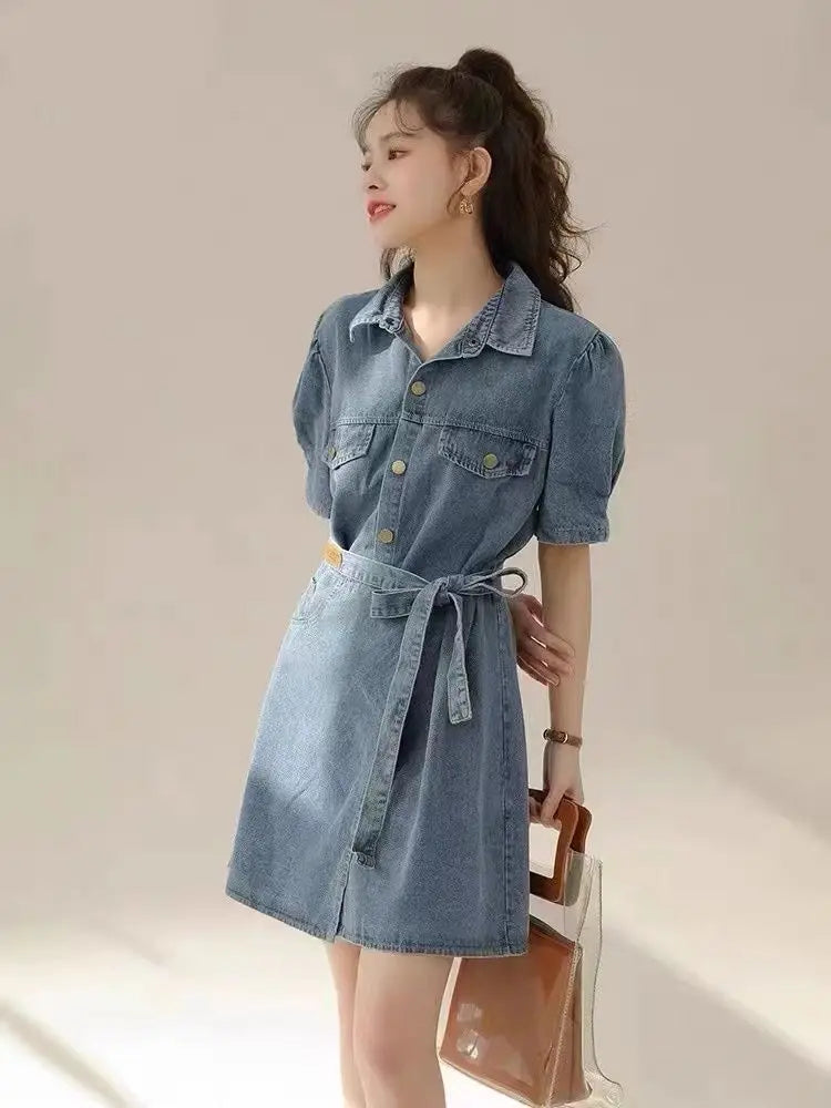 2026 Summer New Slimming Short Sleeve Midi Denim Dress Stylish Trendy Waist Cinching Women's Popular Wear