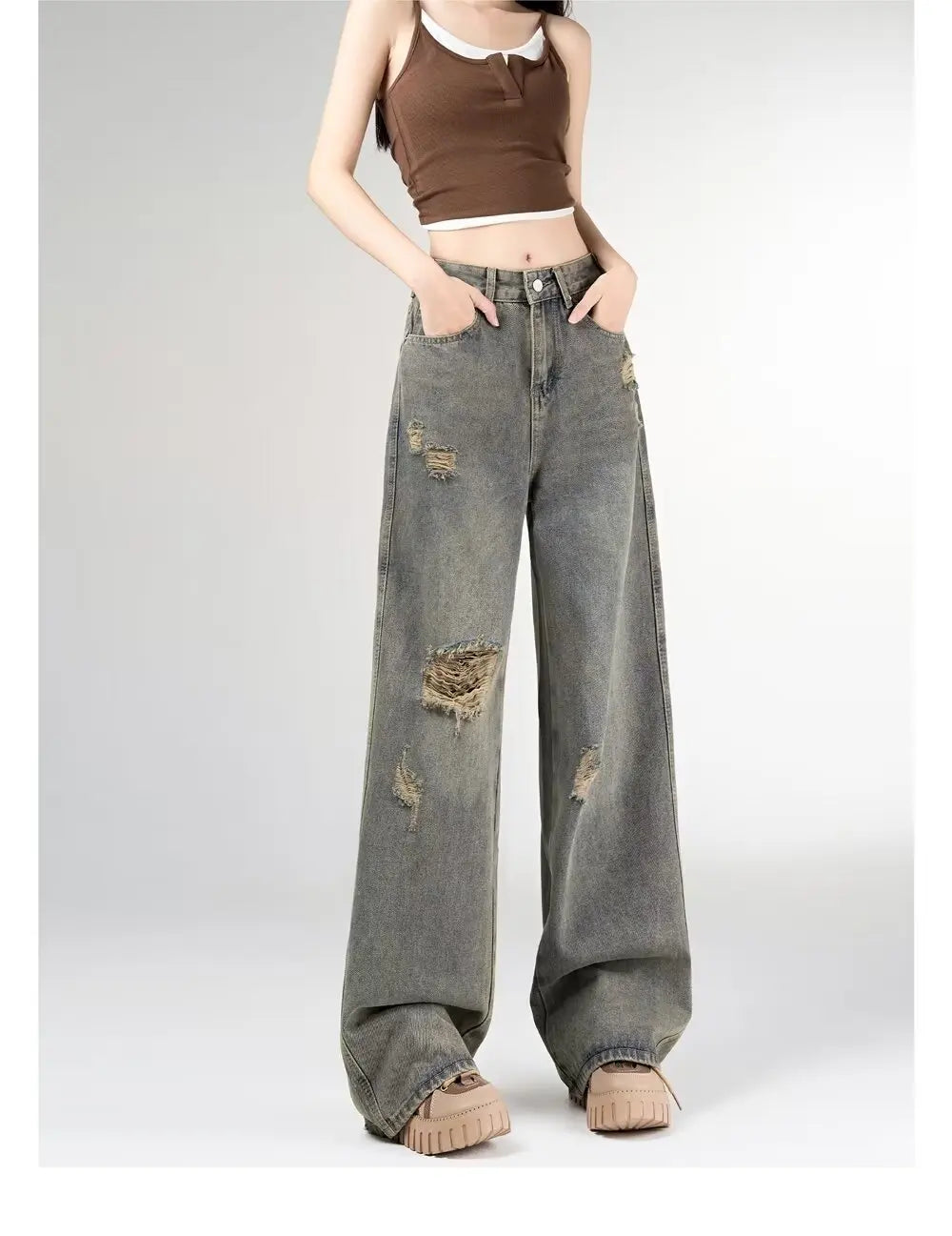 Women's Vintage Distressed Jeans High Waist Wide Leg Straight Denim Pants Loose Fit Summer Trousers 2025