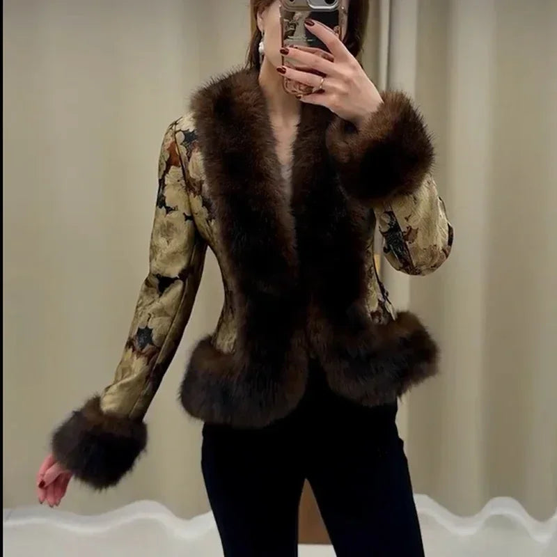 Floral Jacquard Faux Fur Trim Jacket V Neck Single Button Long Furry Cuff Cropped Coats 2026 Vintage Winter New Warm Party Coat