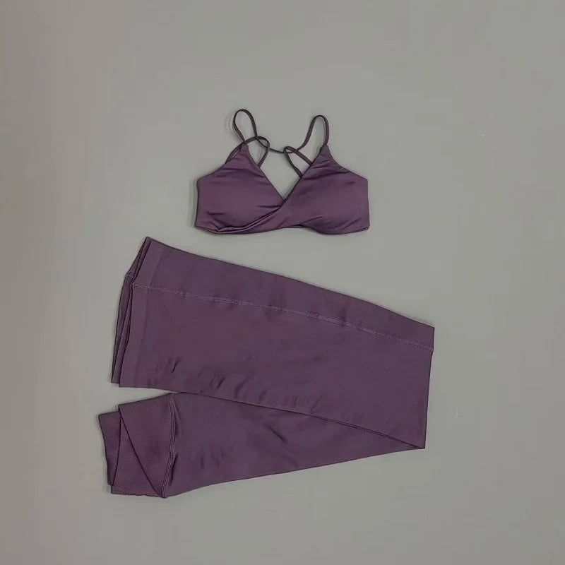 2Pcs Sports Set Women Seamless Front Tie Crossover Bra Crossover Waist Flare Leggings Sets Gym Fitness Workout Sports Sets