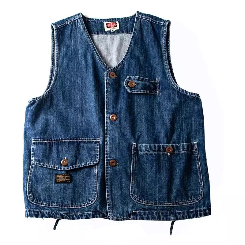 Men Vests Men's Summer Vintage Multi-pocket Sleeveless Vest Mens Casual Cotton Denim Vests Safari Style Vest Coat Waistcoat Male