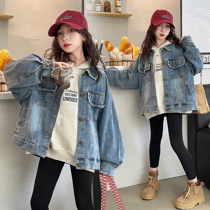 Girls Denim Jacket Spring Autumn 2026 New Style Casual Versatile Loose Button Down Jean Coat Fashion Children's Clothing
