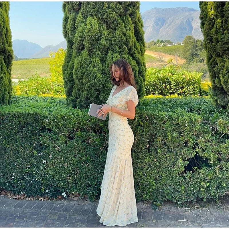 Women Chic V-neck Belte Slit Flower Print Maxi Dress Ruffle Trim High Chiffon Dresses 2026 Summer Fashion Party Vacation Robe