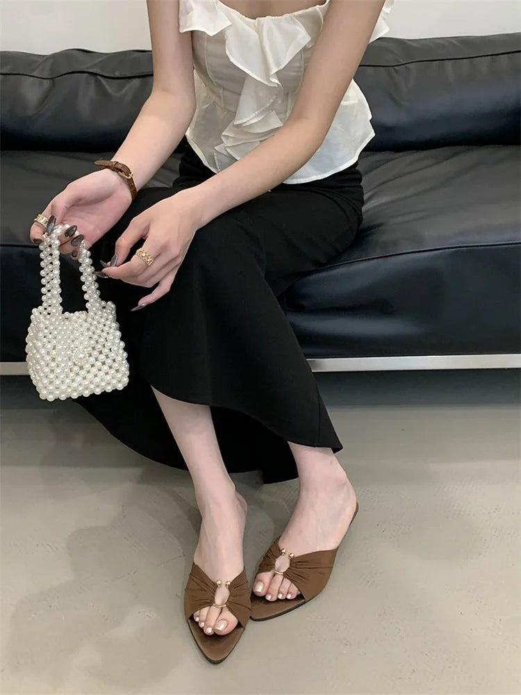 Eilyken New Design Pleated Hollow Out Thin Low Heels Women Slippers Fashion Pointed Toe Party Dress Female Summer Shoes