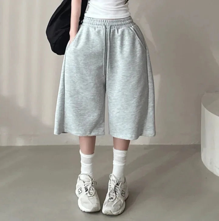 Summer Drawstring Wide Leg Shorts Women Fitness Running Loose Casual Large Sports Shorts Sweat Short High Elastic Lace Up Pants