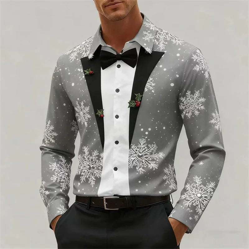 Men's Christmas long-sleeved shirt, 3D high-definition printed Christmas tree pattern, lapel button men's shirt, party wear