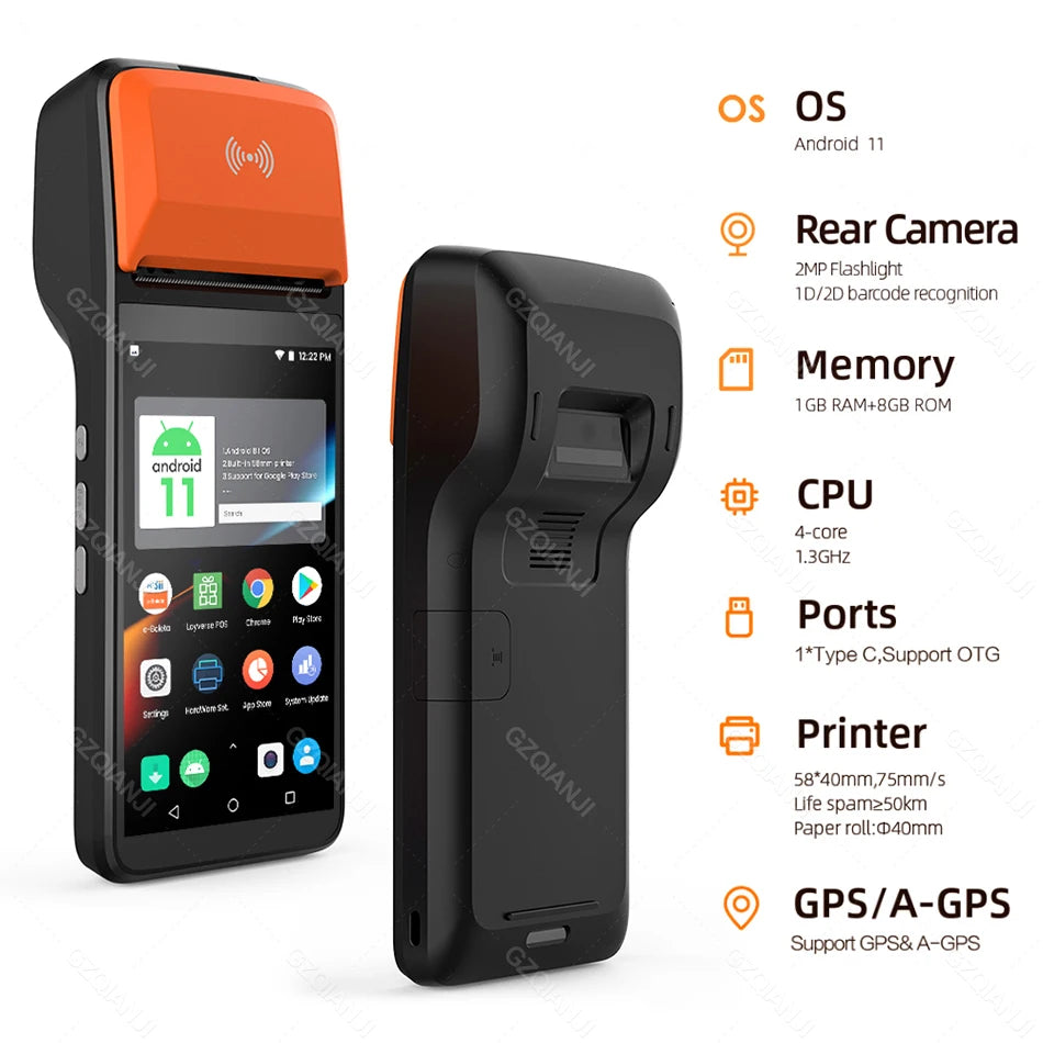 Android 14 Handheld Terminal Android 11 POS Receipt Printer 58mm Portable Machine 5.5 HD Support 1D 2D Barcode Scanner NFC WIFI