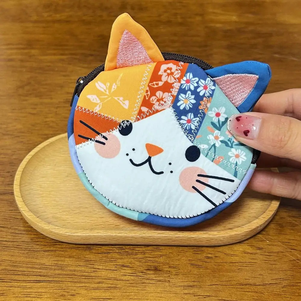 Waterproof Patchwork Coin Purse Cat Zipper Design Makeup Bag Storage Case Home Travel