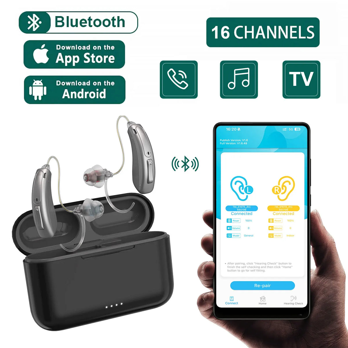 Hearing Aid with Bluetooth 16 CHANNEL Hearing Aids Rechargeable for Deafness High Quality with Noise Cancelling Audifonos