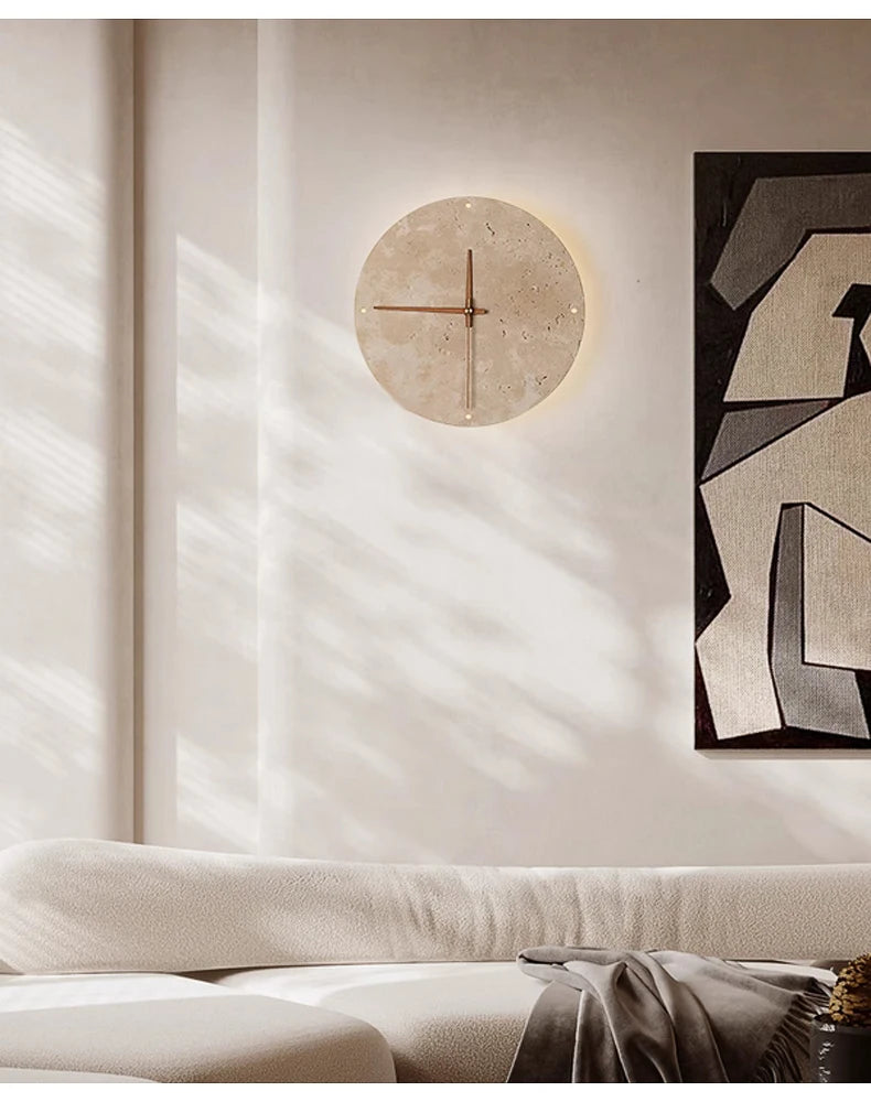 Modern Creative Clock Living Room Wabi Sabi Wall Lamp Nordic Simple Yellow Travertine Restaurant Corridor Circular Sconce Light