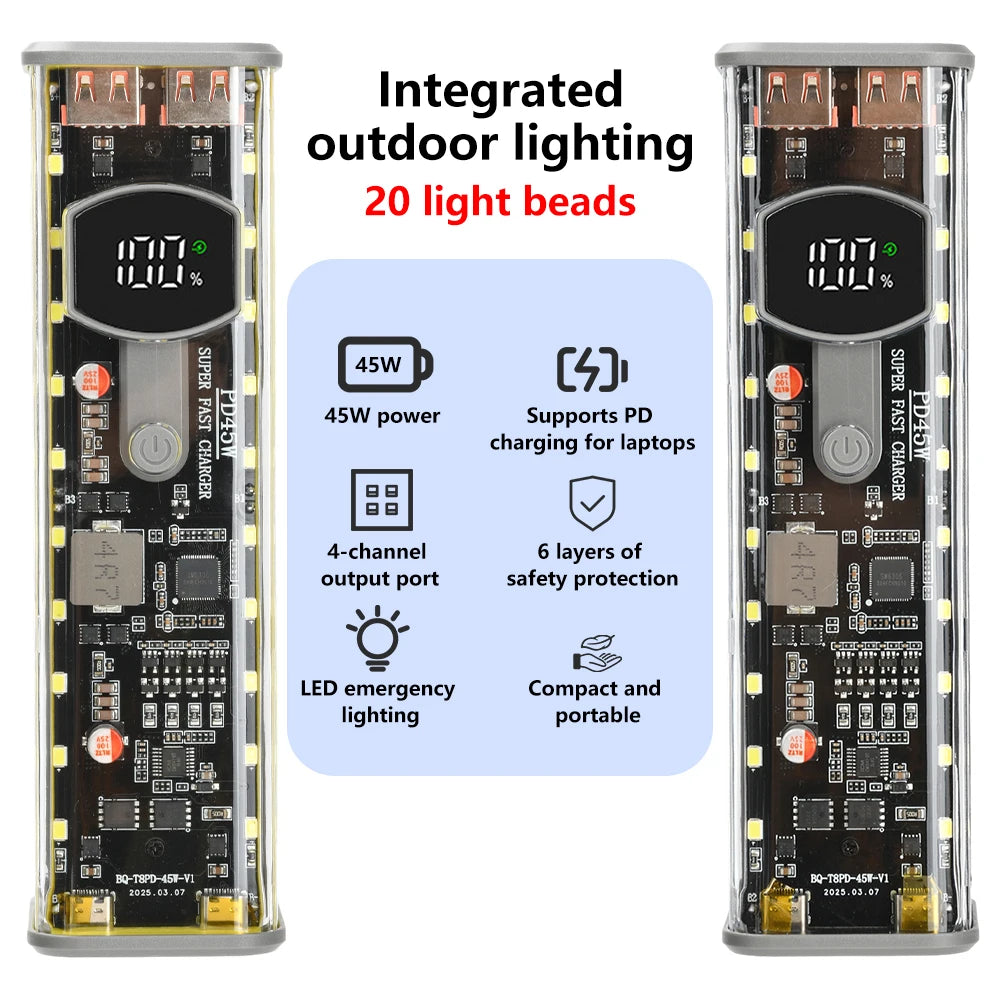 PD 45W 30-65W Super Fast Charging Transparent Power Bank Shell Welding Free 8 *18650 Battery Cartridges For Outdoor Light Type-C