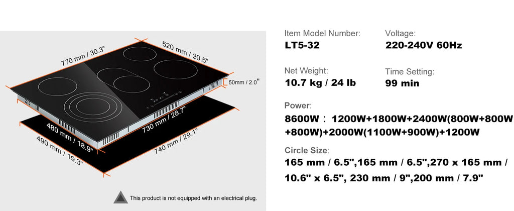 SucceBuy 2/4/5 Burners Built-in Induction Stove Top 12/24/30in Ceramic Glass Electric Cooktop For Household Commercial  Cooking
