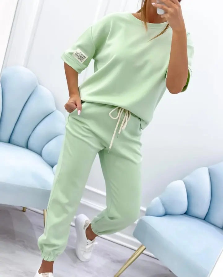 Fashion O Neck Short Sleeve Solid Color T-shirt Women Trousers 2-piece Set Summer Casual Sports Elastic Small Feet Trousers Suit