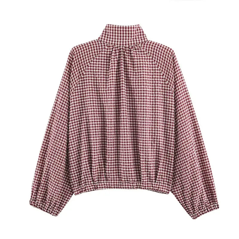 Women's Plaid Jacket, Vintage Gingham Check Coat, Stand Collar Long Sleeve Button Up Outerwear, Loose Casual Autumn Windbreaker