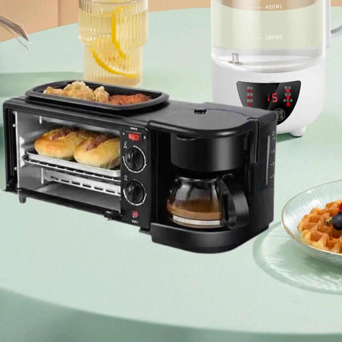 3 in 1 Breakfast Machine Includes Coffee Maker Convenient Toaster Oven with Timer Breakfast Maker for Egg Bread Sausages