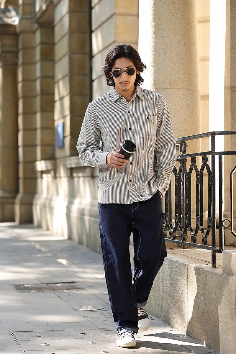 3903 Good Quality Striped Jeans For Man Multi Pockets Cargo Style Straight Casual Loose Trendy Streetwear Boyfriend Denim Pants