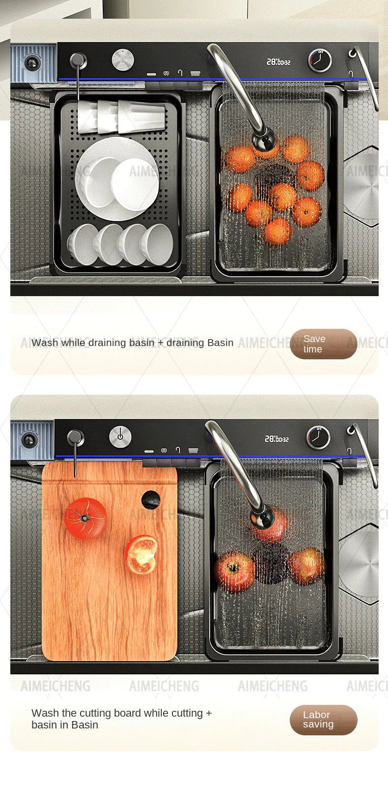 Hot Selling Stainless Steel Waterfall Kitchen Sink With Knife Holder Digital Display Faucet Set Embossed Extra Large Single Slot