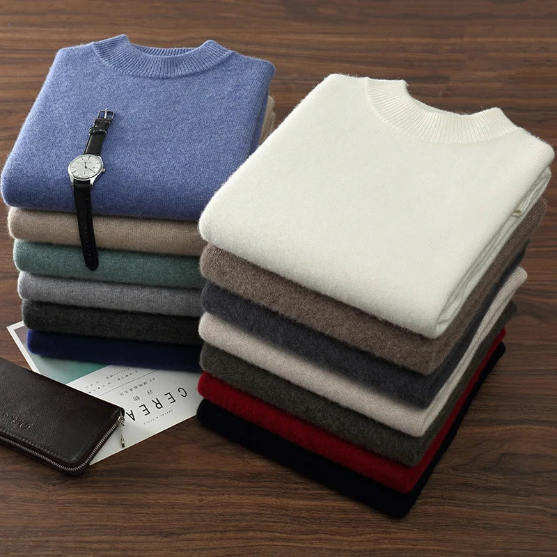 Autumn/Winter Men's 100% Cashmere Pullover Business Casual Solid Knitted Sweater Loose Half High Neck Tops Thick Warm Jumper