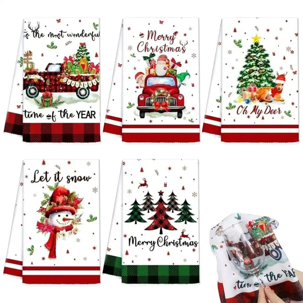 5 Christmas Kitchen Towels, Holiday Dishcloths, Santa Claus, Reindeer, Snowman, Christmas Towels, Holiday Parties, Family Meals