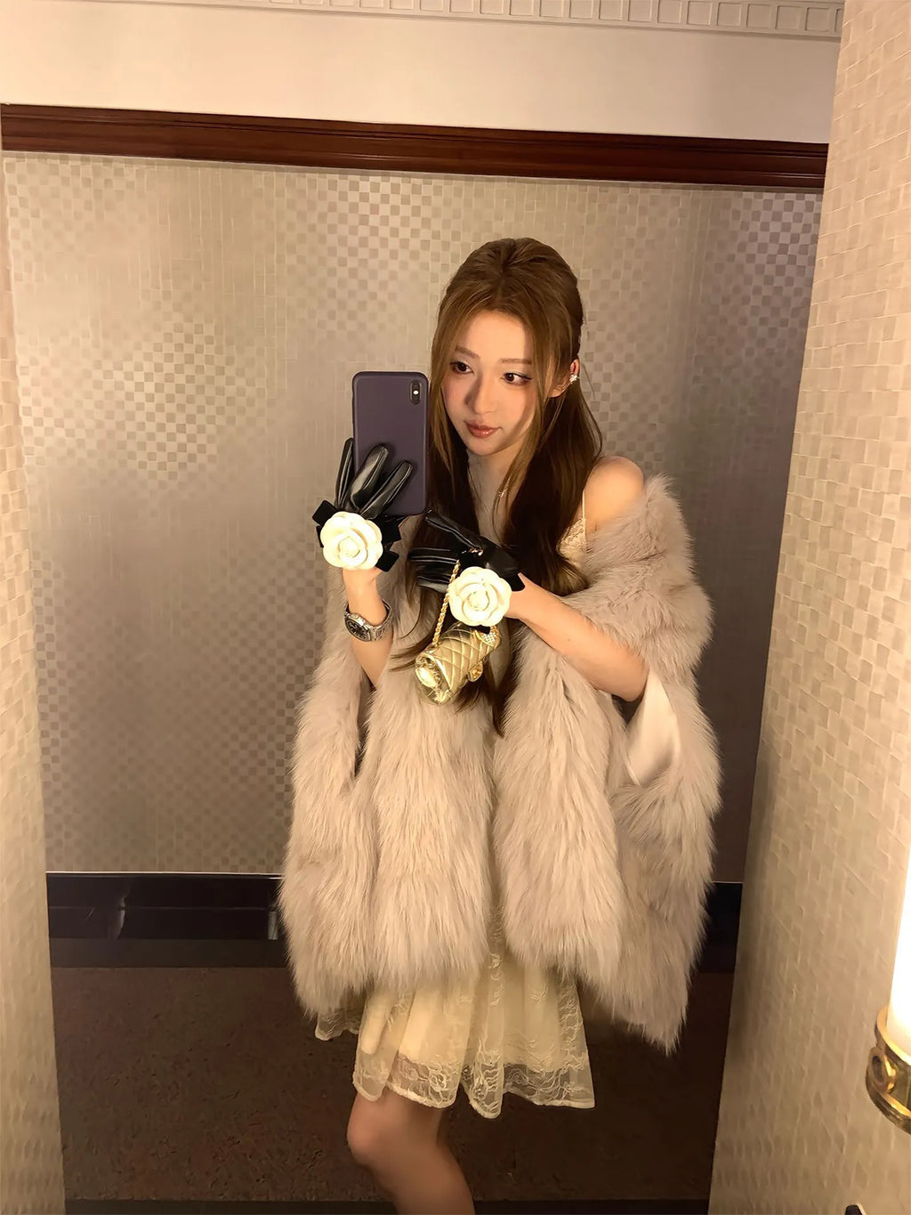 High-level Luxury Camellia Leather Gloves Korean Ins Style Hepburn Style Exquisite Dress Gloves Photo Props Bride Wedding Gloves