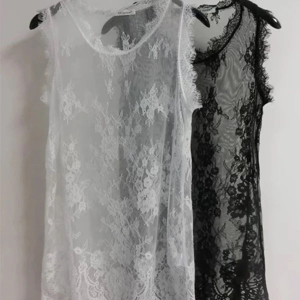 Loose Lace Me Base irt Top Thin Hollow out Long Vest Spring Summer New Korean Sle Women's Faion Casual round Ne Dr