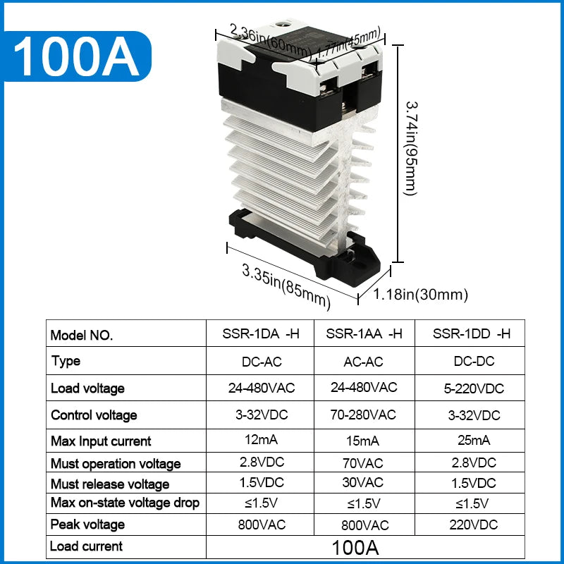 SSR Solid State Relay 24-480VAC Heat Sink Single Phase DIN Rail Mounted 10A 25A 40A 60A 80A 100A 120A DA AA DD Zero Crossing