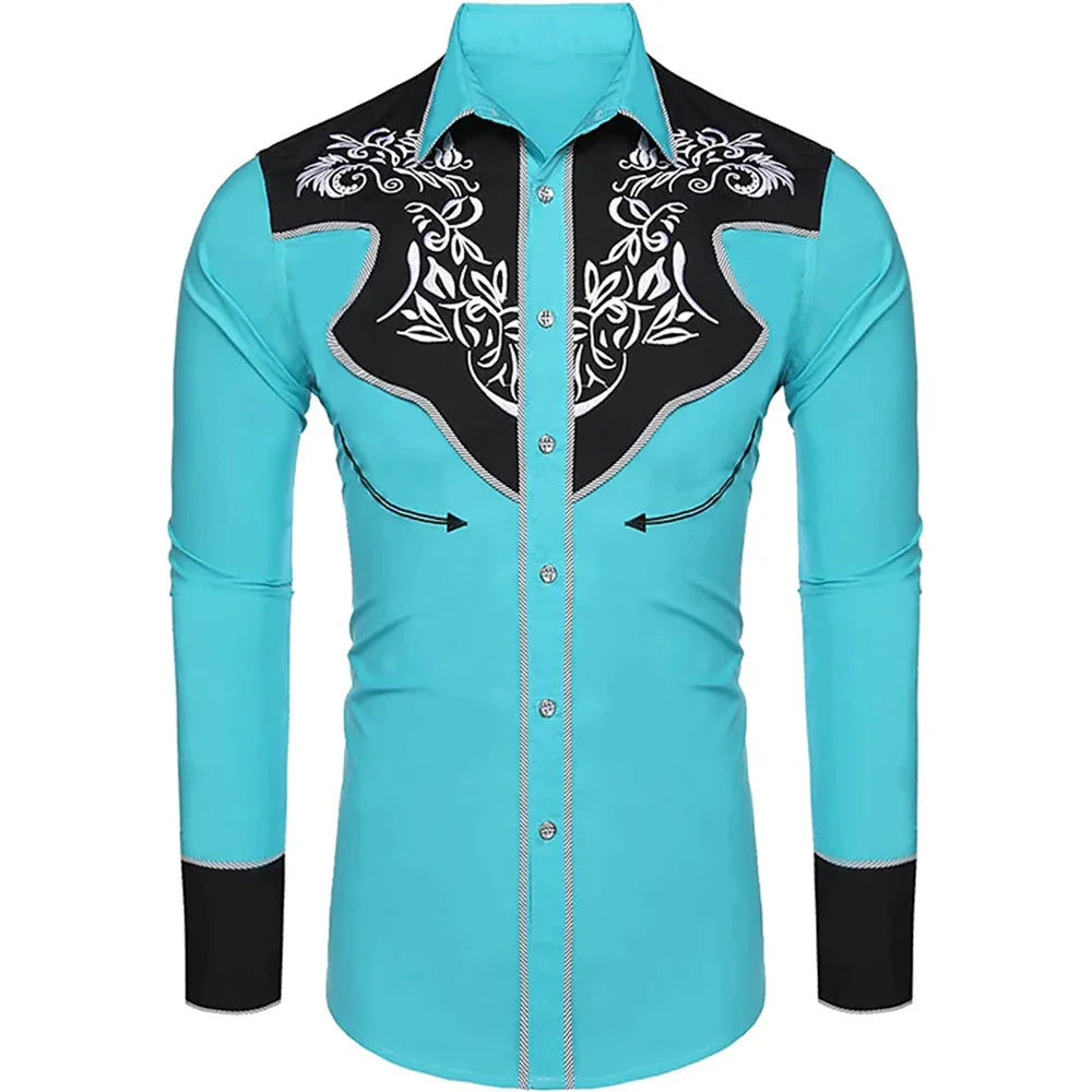 2023 New Men's Western Printed Long-Sleeved Lapel Single-Breasted Shirt Casual Social Men's Club Street Clothing