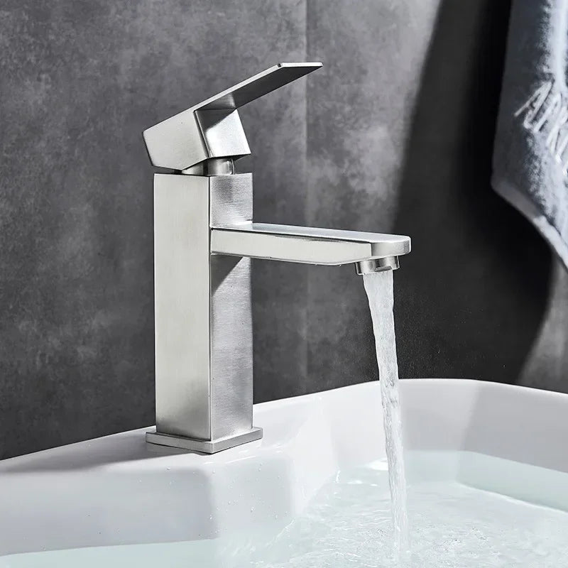 Stainless Steel Modern Minimalist Single Handle Dual Control Hot and Cold Water Faucet, Painted Finish for Basin Sink Mixer Tap