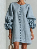 Women Linen Mini Dress O Neck Puff Long Sleeve 3D Flower Cuff Decor Flower Button Loose Casual Short Dresses for Party Vacation
