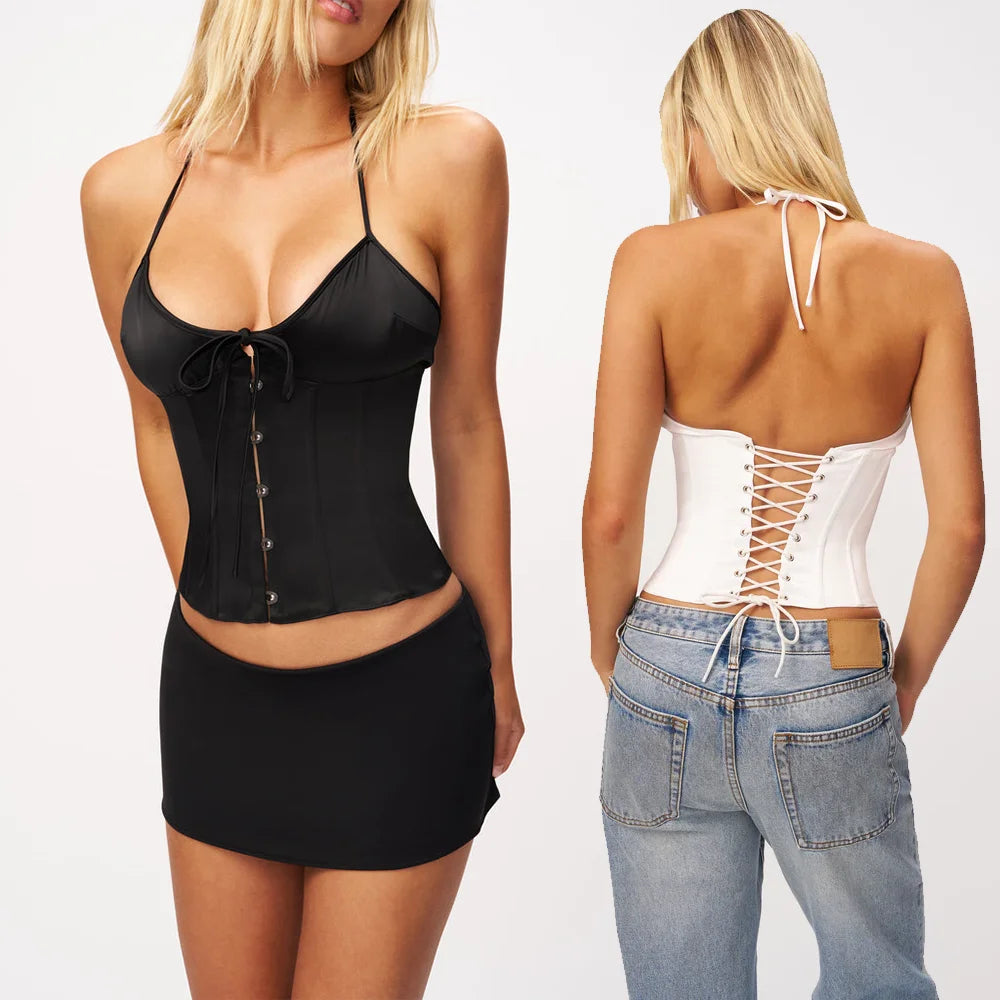 GUZ Satin Fishbone Corset with V-neck design, adjustable back straps for a slimming and elegant look, corset with straps to cinch the waist for a slimming effect, stylish outerwear tank top for hot girls